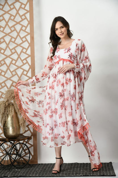 White floral kurta with dupatta
