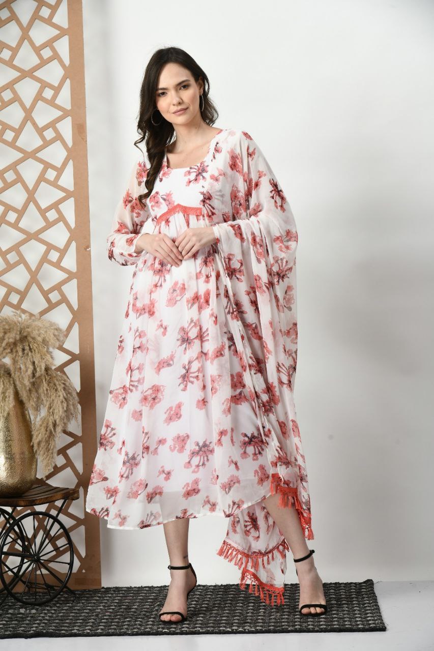 White floral kurta with dupatta