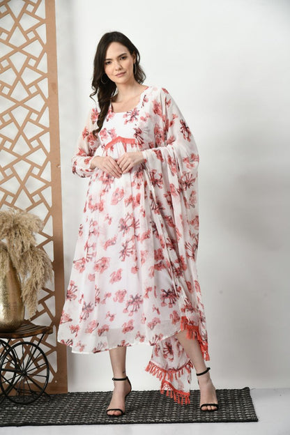 White floral kurta with dupatta