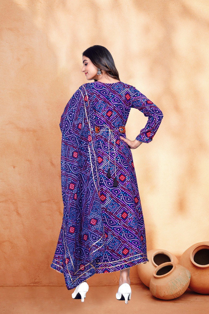 Nevy blue  bandhani print  & Embroidery kurta with dupatta