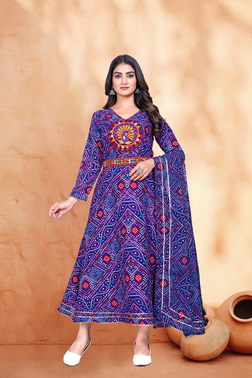 Nevy blue  bandhani print  & Embroidery kurta with dupatta