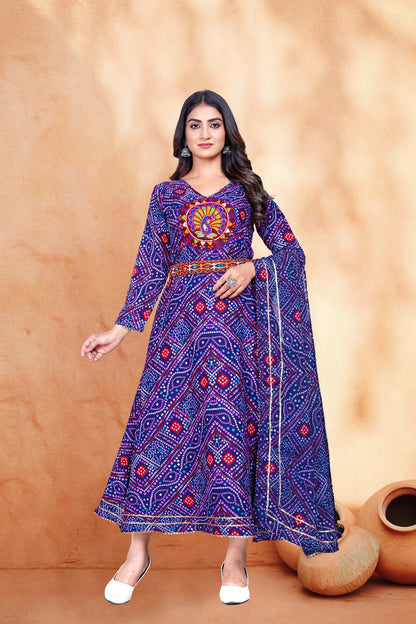 Nevy blue  bandhani print  & Embroidery kurta with dupatta