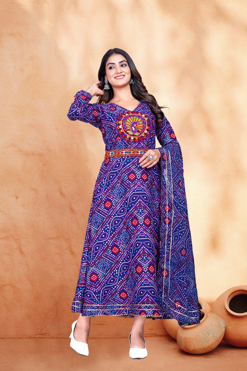 Nevy blue  bandhani print  & Embroidery kurta with dupatta