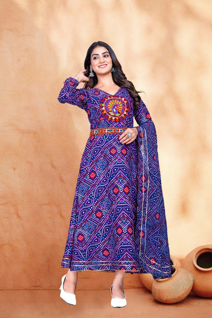 Nevy blue  bandhani print  & Embroidery kurta with dupatta