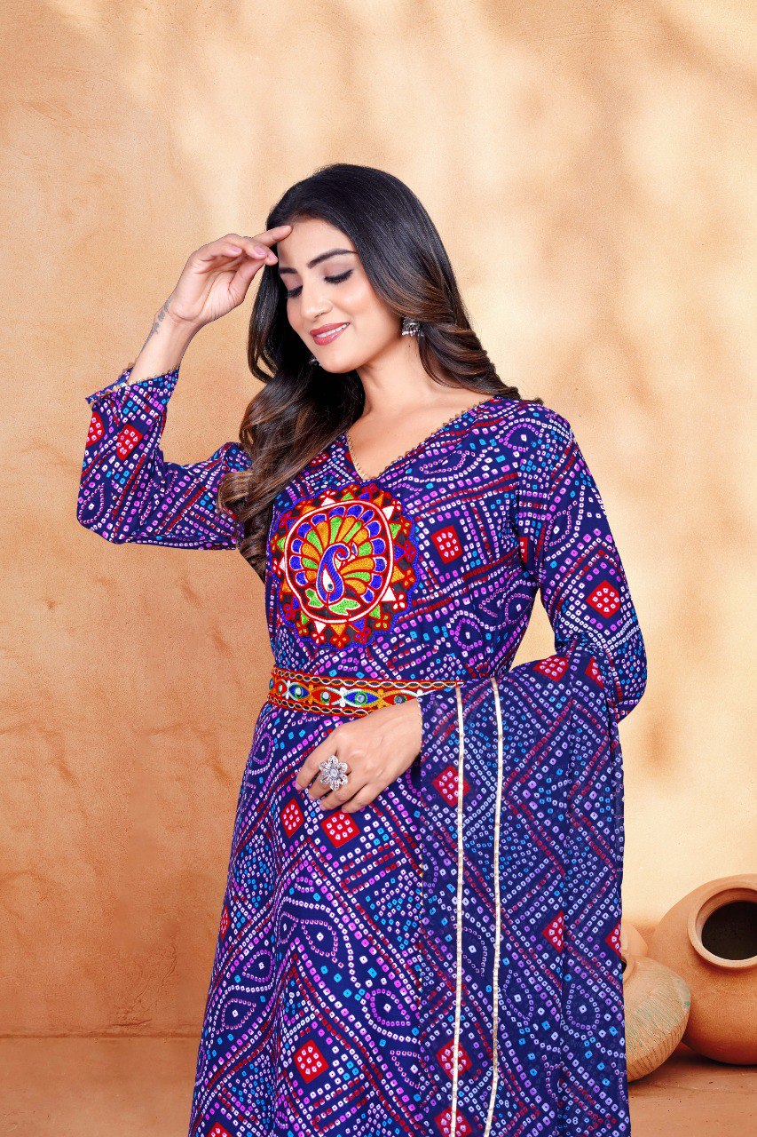Nevy blue  bandhani print  & Embroidery kurta with dupatta
