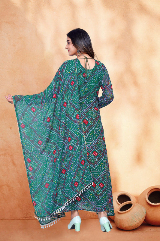 : Green bandhani print & Embroidery kurta with dupatta
