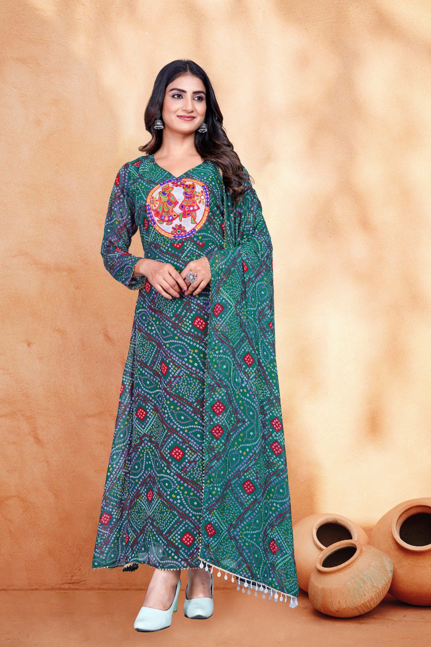 : Green bandhani print & Embroidery kurta with dupatta