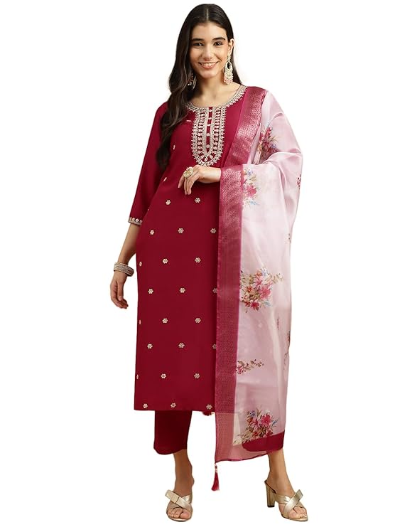 Maroon embroidered Kurta Pant with Dupatta suit