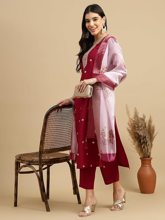 Maroon embroidered Kurta Pant with Dupatta suit