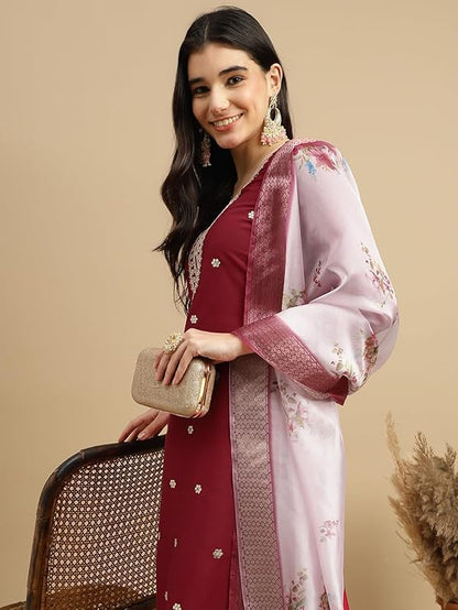 Maroon embroidered Kurta Pant with Dupatta suit