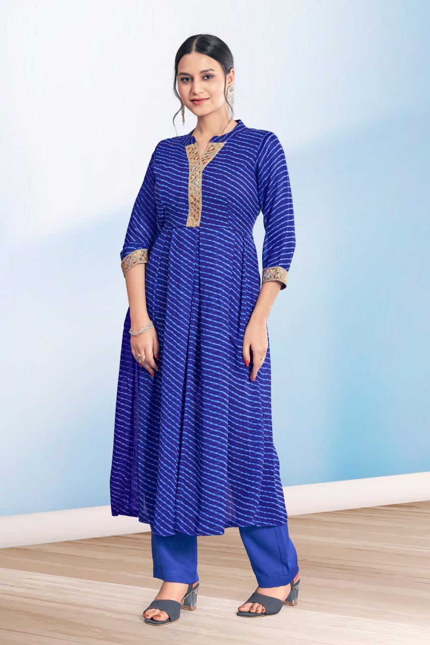 Blue Leheriya Printed Georgette Kurta and pant