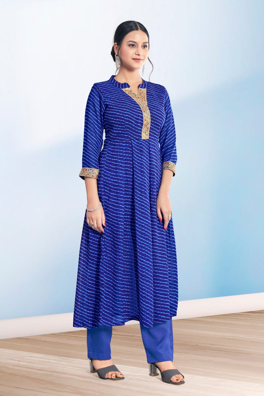 Blue Leheriya Printed Georgette Kurta and pant