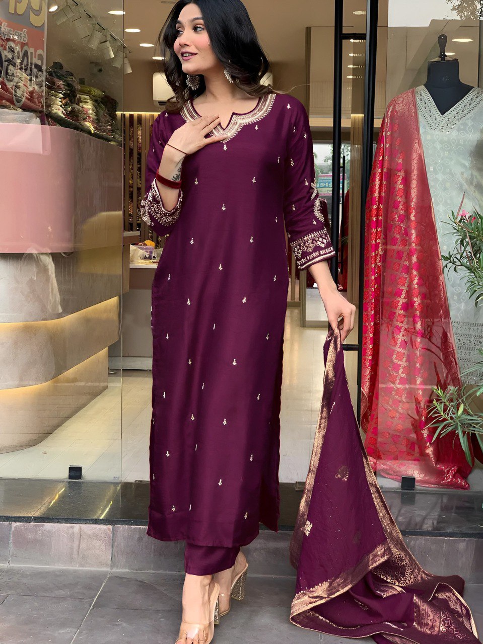 Embroidered Kurta Pant with Dupatta suit