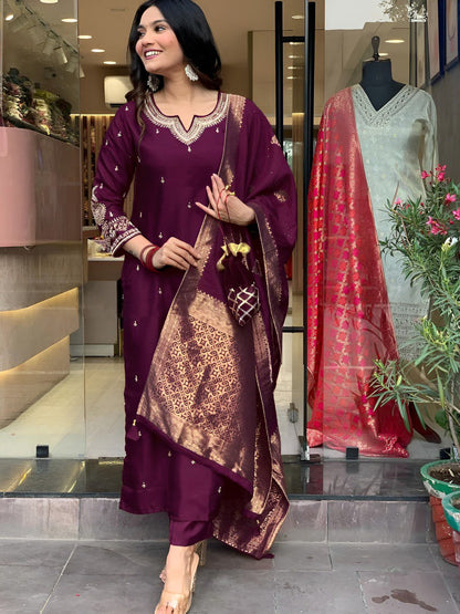 Embroidered Kurta Pant with Dupatta suit