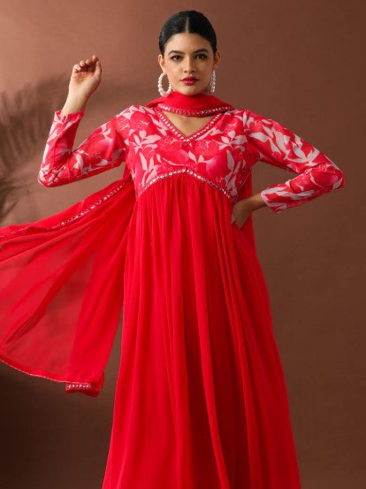 Heavy georgette with digital printed & embroidery lace gown
