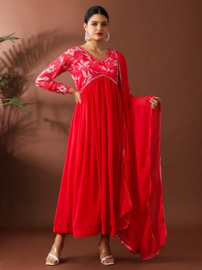 Heavy georgette with digital printed & embroidery lace gown
