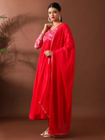 Heavy georgette with digital printed & embroidery lace gown