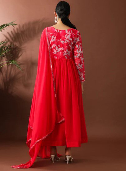 Heavy georgette with digital printed & embroidery lace gown