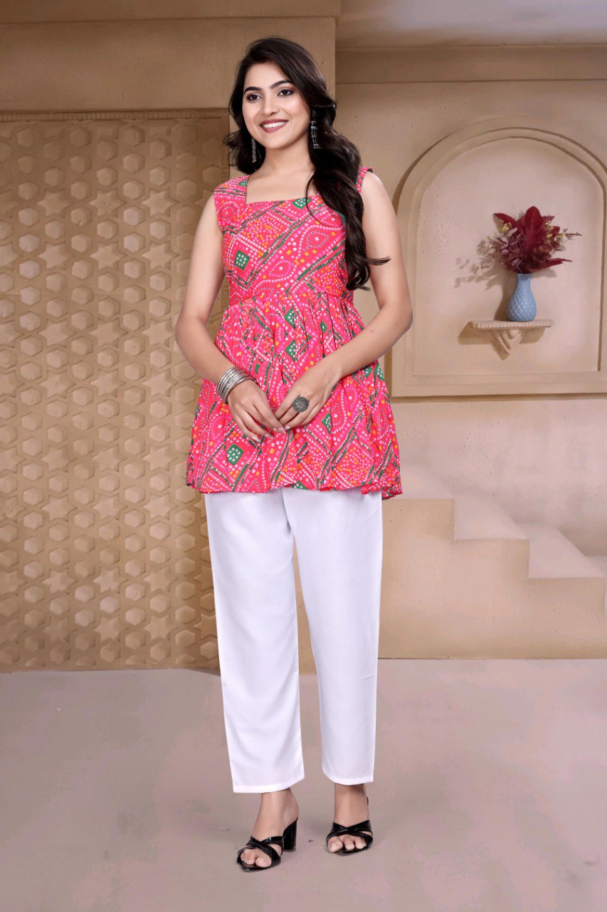 Women's Bandhani Print Delta Silk Sleeveless Tunic Top