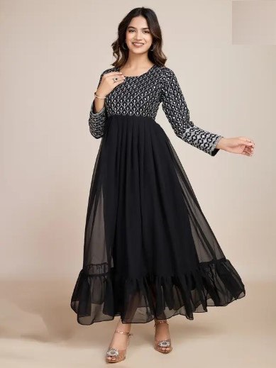 woman Black  embroidered georgette anarkali gown