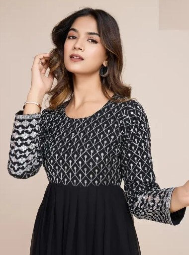 woman Black  embroidered georgette anarkali gown