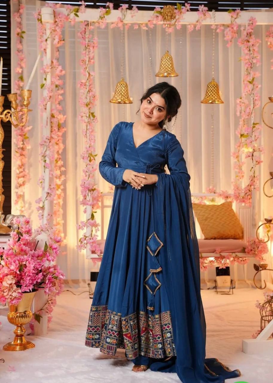 woman Angrakha style anarkali kurta with dupatta suit