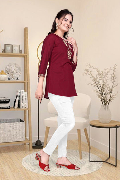 Maroon Embroidered roman silk fancy Top