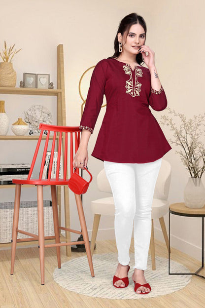 Maroon Embroidered roman silk fancy Top