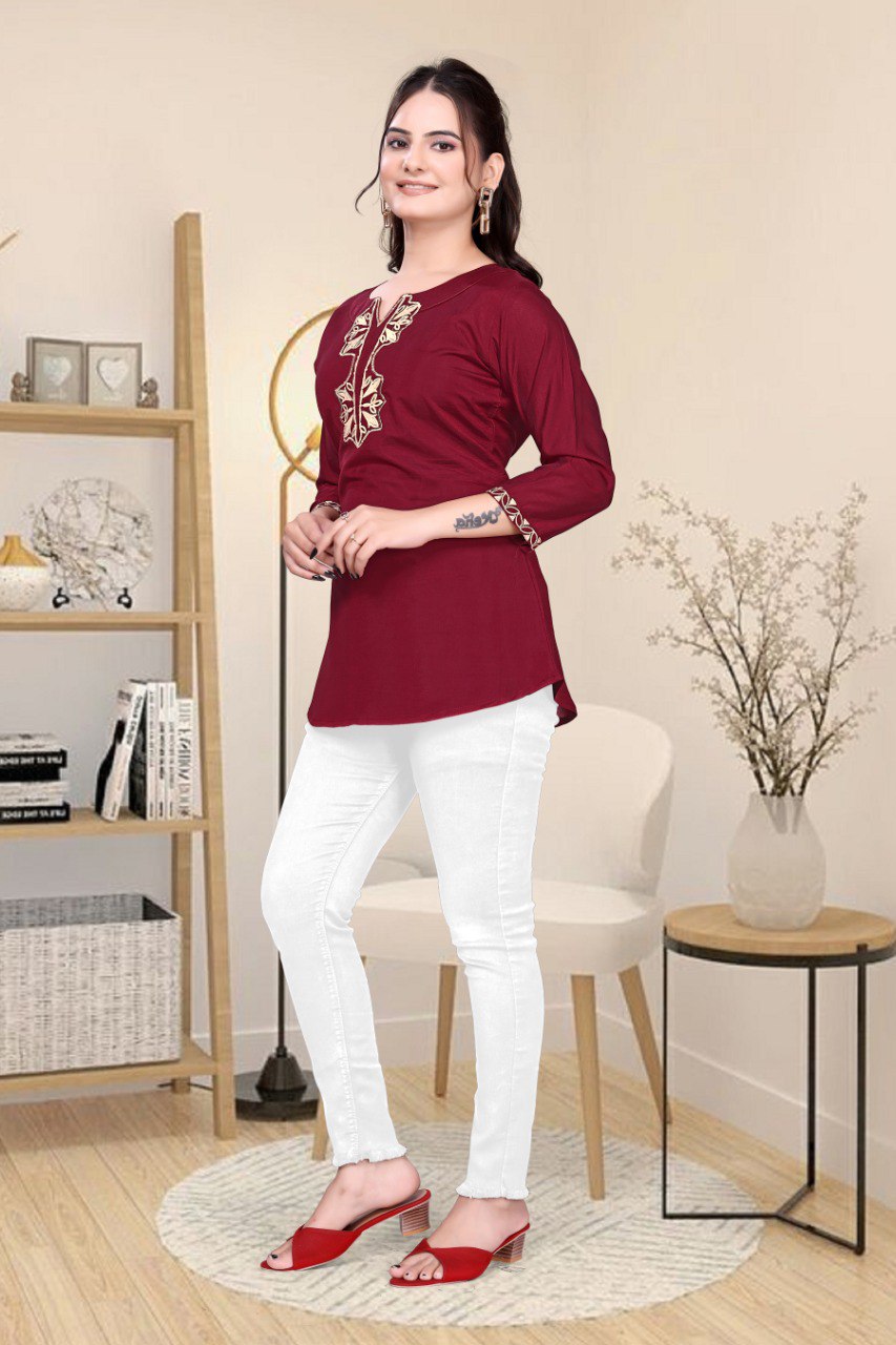Maroon Embroidered roman silk fancy Top
