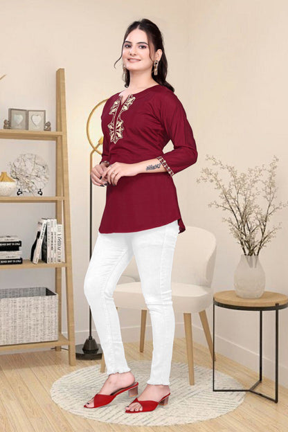 Maroon Embroidered roman silk fancy Top