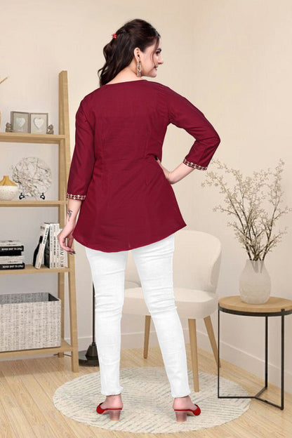 Maroon Embroidered roman silk fancy Top