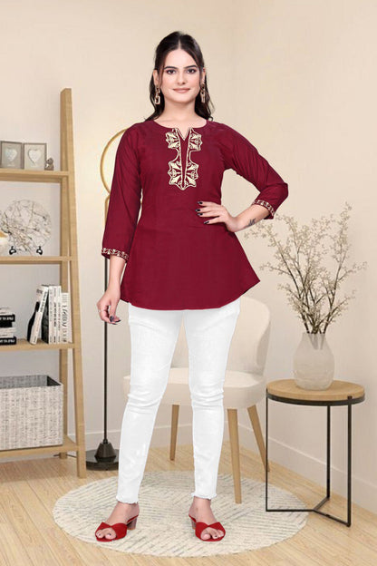 Maroon Embroidered roman silk fancy Top