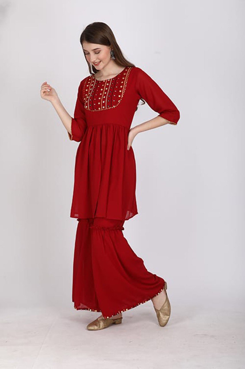 Red embroidered kurta with sharara