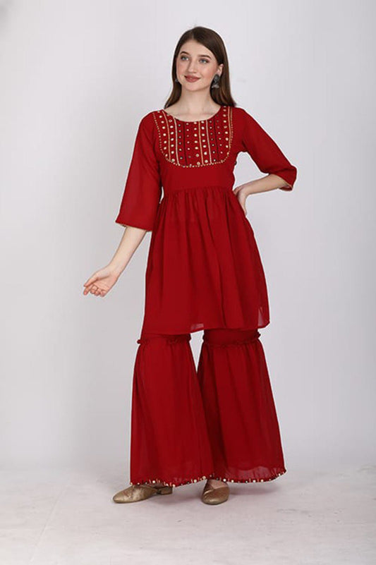 Red embroidered kurta with sharara