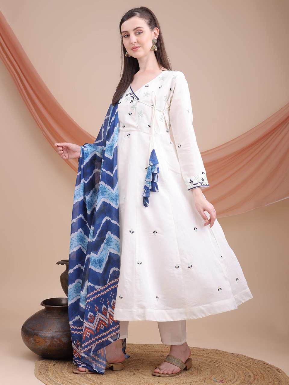 woman Angrakha style anarkali kurta with dupatta suit