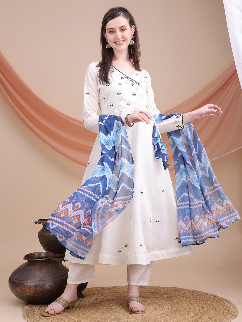 woman Angrakha style anarkali kurta with dupatta suit
