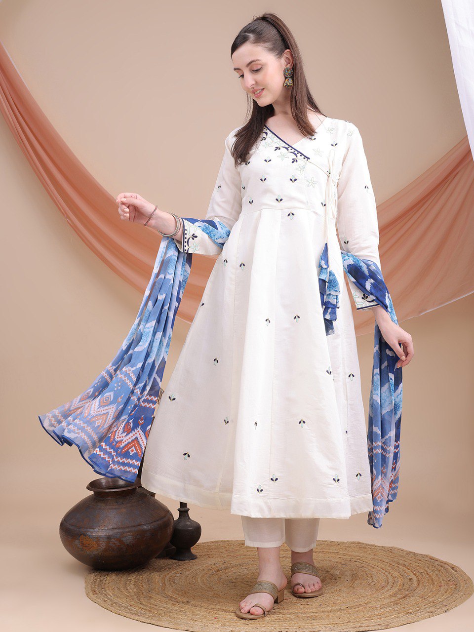 woman Angrakha style anarkali kurta with dupatta suit