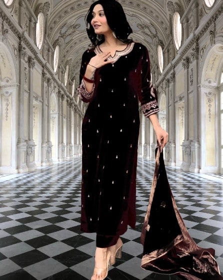 Black embroidered Kurta Pant with Dupatta suit