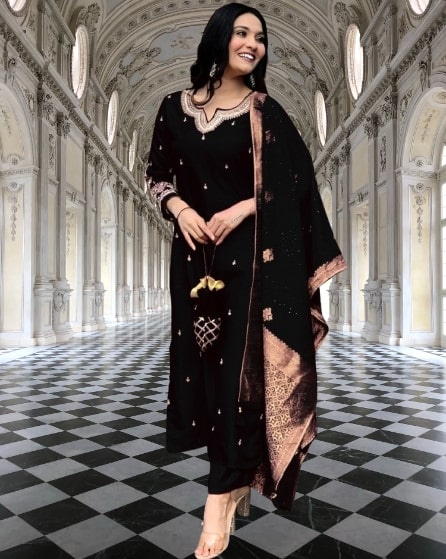 Black embroidered Kurta Pant with Dupatta suit