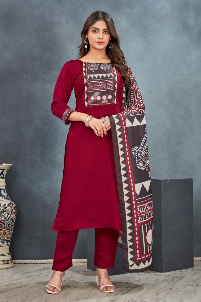 Red ajarkh Kurta Pant with Dupatta suit