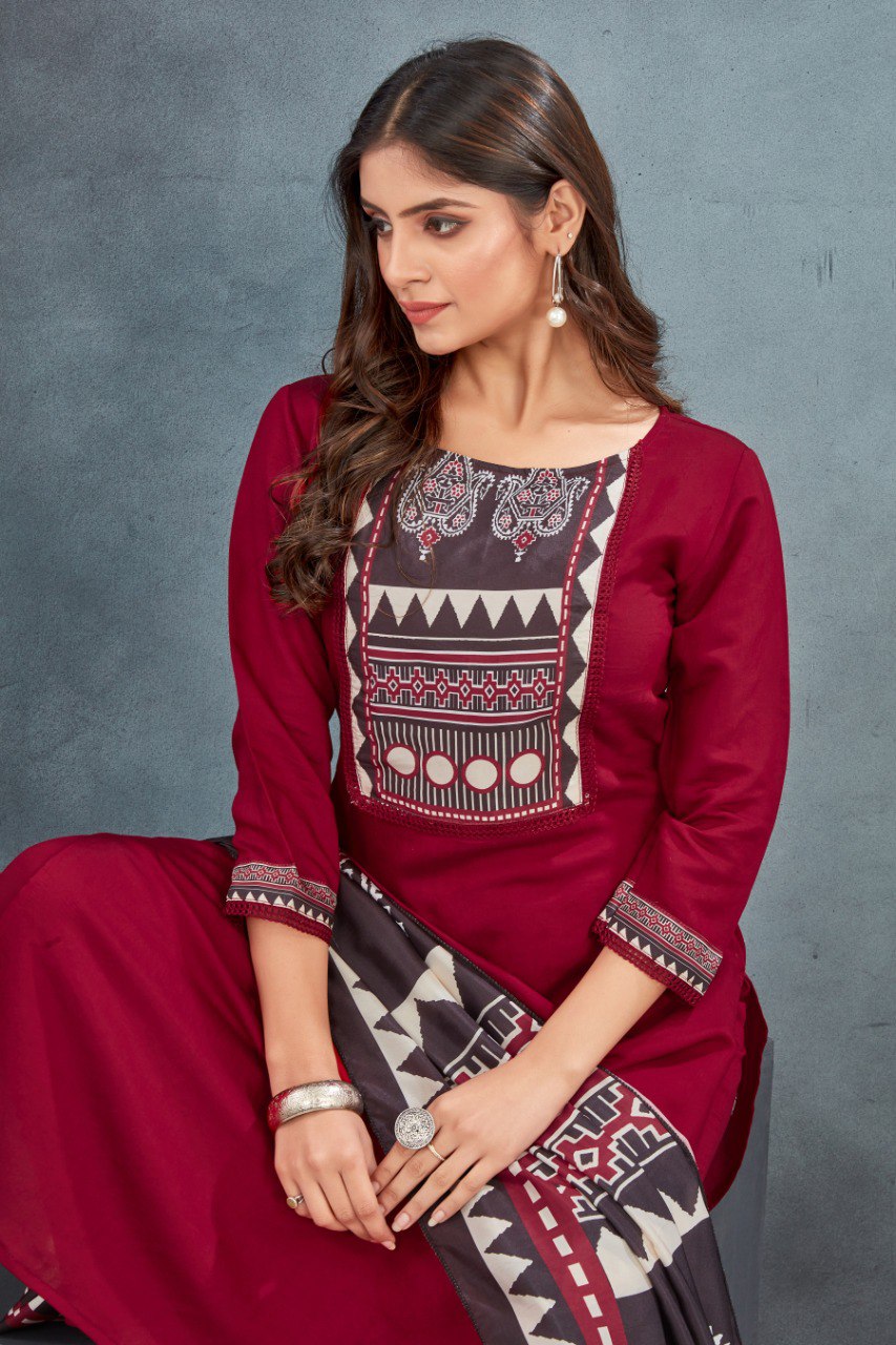 Red ajarkh Kurta Pant with Dupatta suit