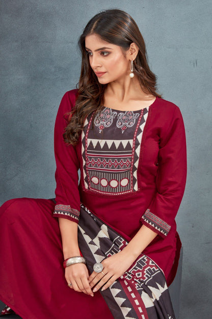 Red ajarkh Kurta Pant with Dupatta suit