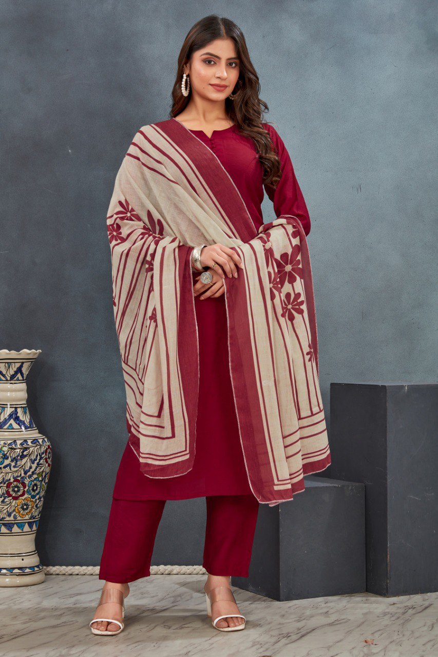 Maroon Plain Kurta Pant with Dupatta suit