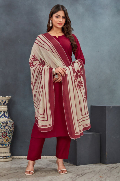 Maroon Plain Kurta Pant with Dupatta suit