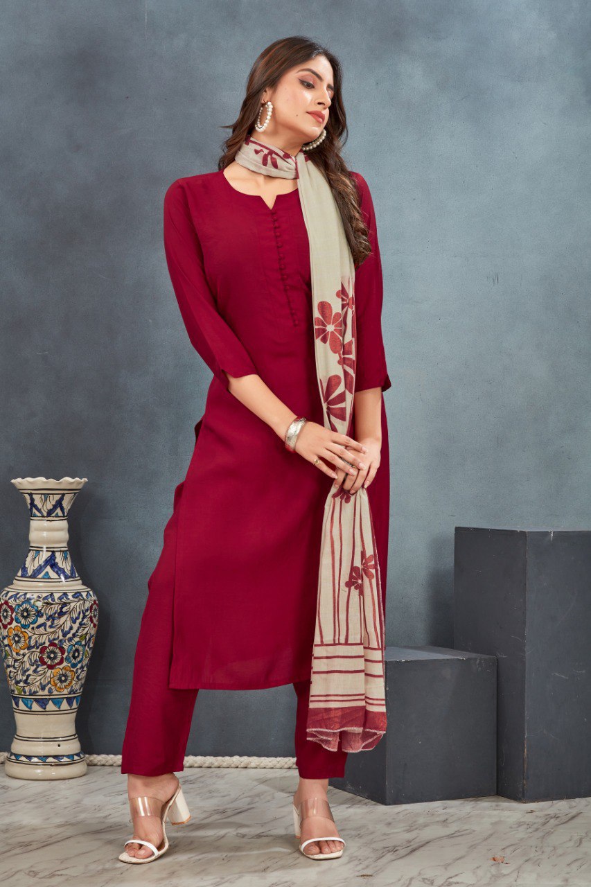 Maroon Plain Kurta Pant with Dupatta suit