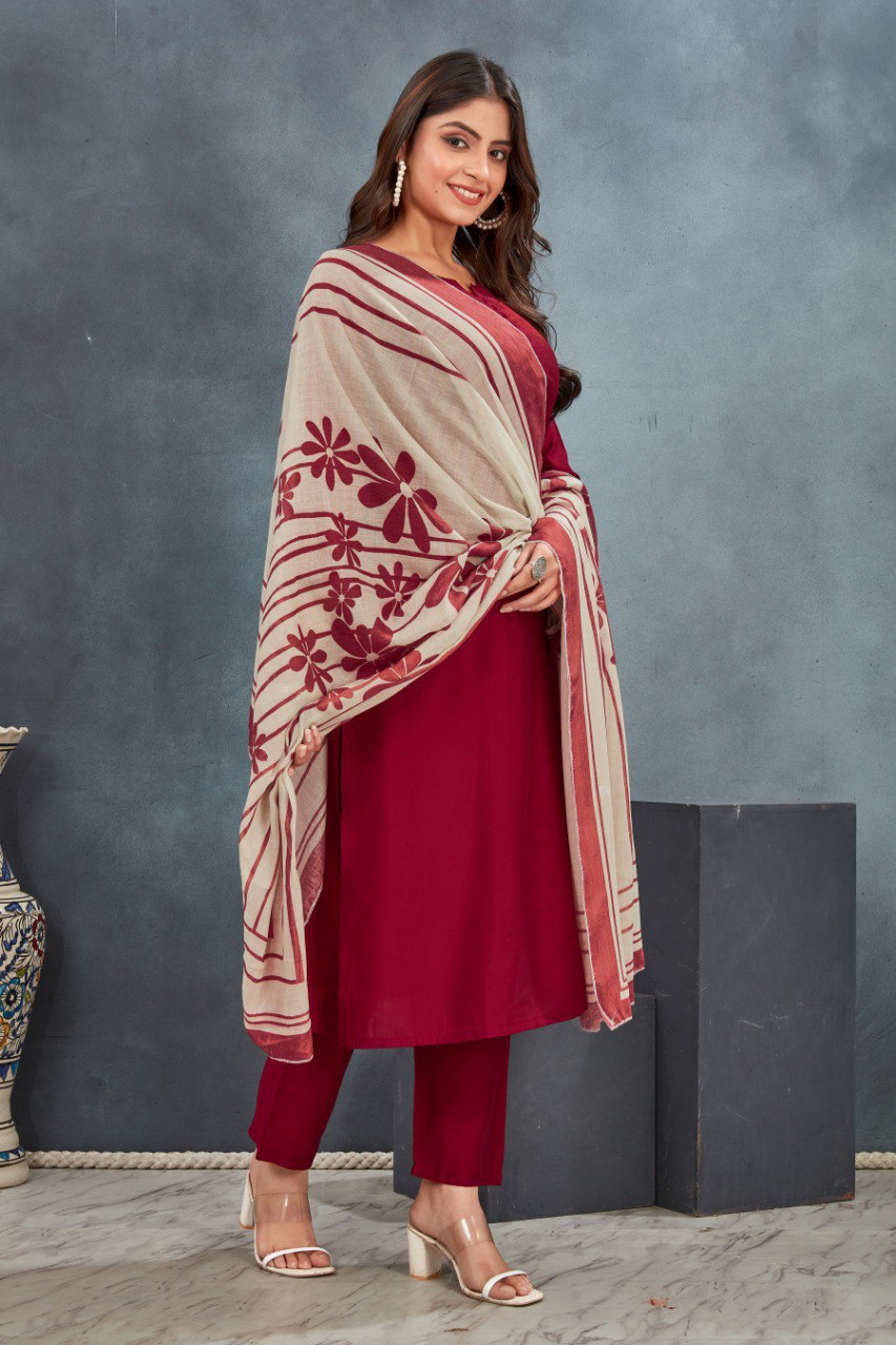 Maroon Plain Kurta Pant with Dupatta suit