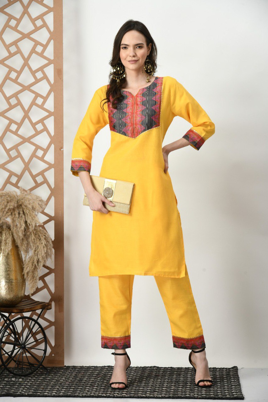 Woman Cotton Yellow kurti-pant
