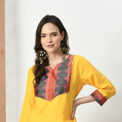 Woman Cotton Yellow kurti-pant