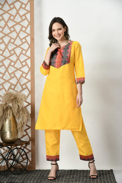 Woman Cotton Yellow kurti-pant