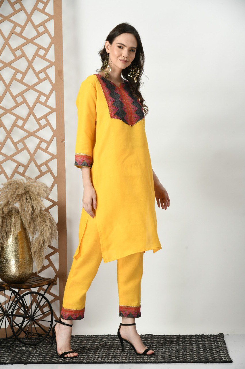 Woman Cotton Yellow kurti-pant